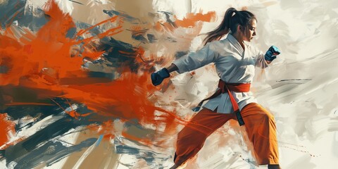 Dynamic Female Karate Artist in Action created by ai