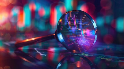 Magnifying Glass Focused on Stock Market Data with Bokeh Background