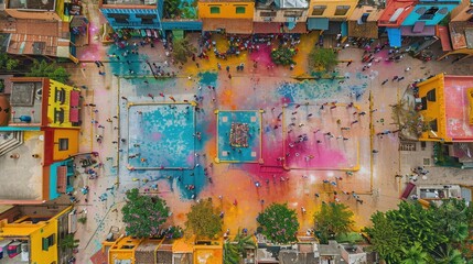 Fototapeta premium Aerial View of a Colorful Street Scene with People Walking