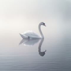 A lone swan swimming in a misty lake