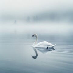 Obraz premium A Single Swan Floating on a Misty Lake