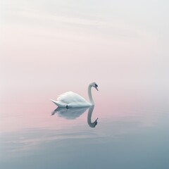 Obraz premium A Single Swan Swimming in Calm Water at Dawn