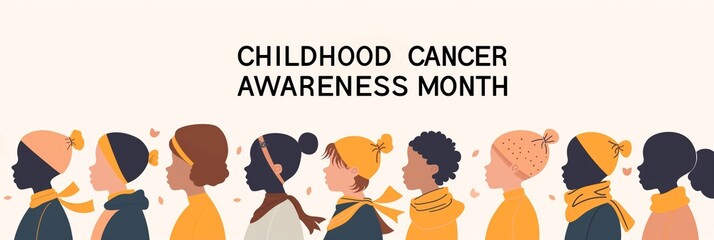 Childhood Cancer Awareness month text, young patient survivors celebration, flat illustration banner