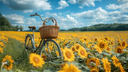 Vintage Bicycle with Basket in a Sunflower Field