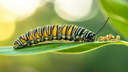 Naklejka premium A little caterpillar of the monarch butterfly clings to a green leaf, surrounded by scattered remnants of its contented feast. --ar 16:9 --v 6.1 Job ID: 1fd7937c-3313-4d00-a1d6-28533eff4272
