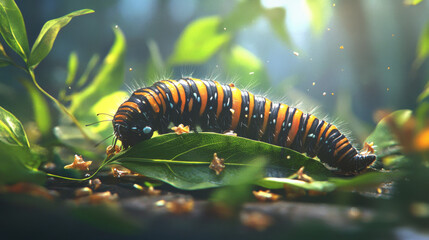 Naklejka premium A little caterpillar of the monarch butterfly clings to a green leaf, surrounded by scattered remnants of its contented feast. --ar 16:9 --v 6.1 Job ID: 1fd7937c-3313-4d00-a1d6-28533eff4272