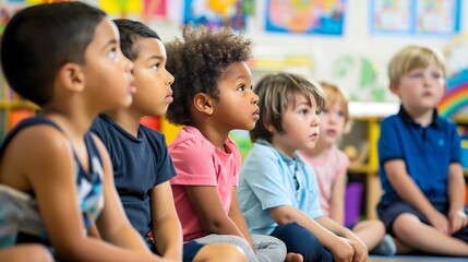 Diverse group of kindergarten kids listening attentively in classroom, preschool education learning environment