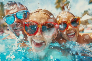 Fototapeta premium Family smiling in swimming pool water park wearing colorful sunglasses, splashing enjoying fun aquatic activities in summer sunshine
