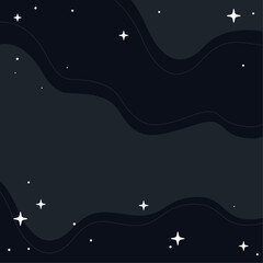 Abstract Celestial Black Night Sky Square Vector Illustration with flowing Waves and Sparkling Stars, Dreamy Background