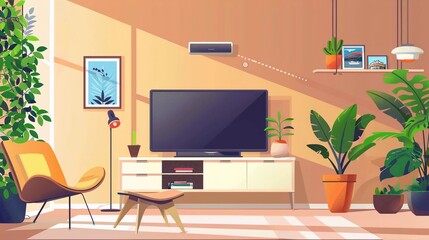 family room with led tv and furniture with minimalist design