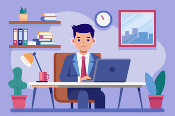 Business man at his desk is working on the laptop computer.
