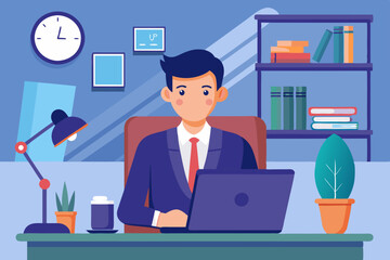 Business man at his desk is working on the laptop computer.
