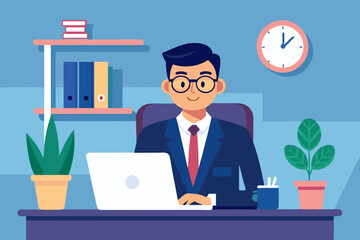 Business man at his desk is working on the laptop computer.
