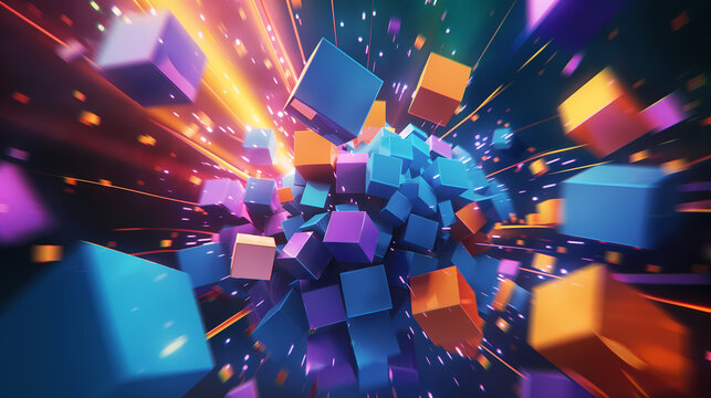 Fototapeta Illustration of numerous cubes in various colors on a purple background, glowing and exploding, with an orange, blue, and pink color palette