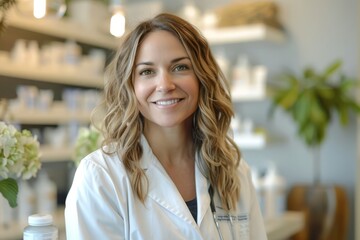 Woman in a white coat smiling. Background: healthcare environment with shelves and plants. For healthcare, medical, or wellness content. Photography, horizontal format.

