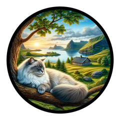 A circular 3D rendered watercolor painting of a Ragdoll cat, isolated on a transparent background