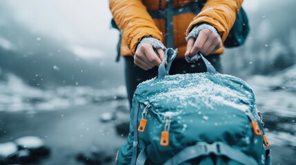 An image of a person getting ready for an outdoor adventure, adjusting their blue backpack amidst falling snow, highlighting preparation and winter exploration.