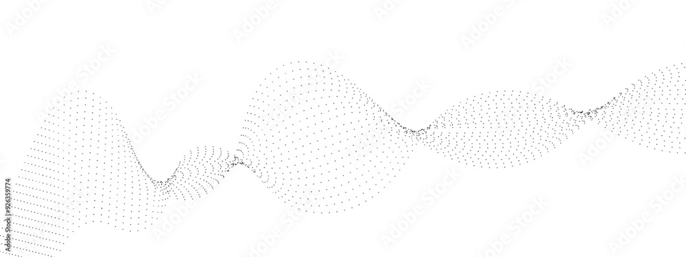 Poster flowing wave dot particles halftone pattern black gradient curve shape isolated on transparent backg