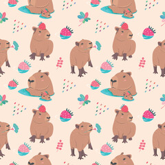 Fototapeta premium Cute seamless pattern with capybara, floral and strawberry. Perfect for kids apparel, greeting card design, fabric print, baby shower, wallpaper, wrapping paper design, baby prints and home textiles. 