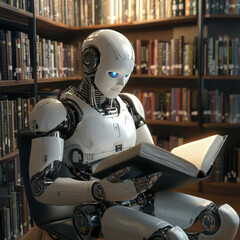 Fototapeta premium Knowledge Seeker: A Friendly Robot Reading in the Library. Generative AI