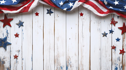 Elegant white wooden background with an American flag, capturing the pride and celebration of America's July 4th national holiday