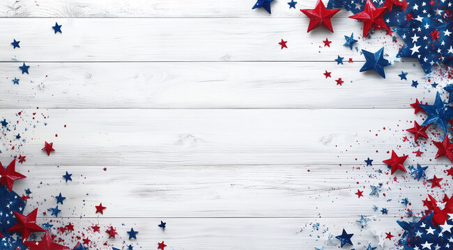 Elegant white wooden background with an American flag, capturing the pride and celebration of America's July 4th national holiday