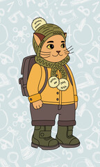 Cute cat goes to school. Kitten in a jacket, hat and boots, with a backpack on his back. Vector illustration of an animal. Pattern background