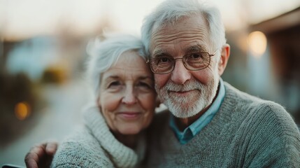 An elderly couple embraces closely, both with tender and loving expressions, highlighted by soft natural light, capturing a moment of deep affection and connection between them.