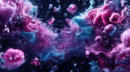 Fototapeta premium Enthralling abstract depiction of pink and blue aquatic environments with bubble formations, blending elements of surrealism, motion, and vibrant color palettes.
