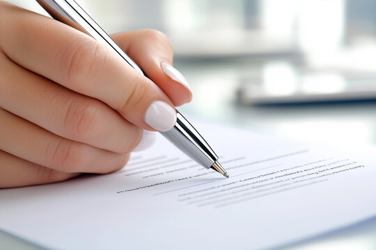 Close-up of a woman's hand with a pen signing a contract, in a soft-focus photography style. This image was the winner of a stock photo contest, with high resolution and detail on the document