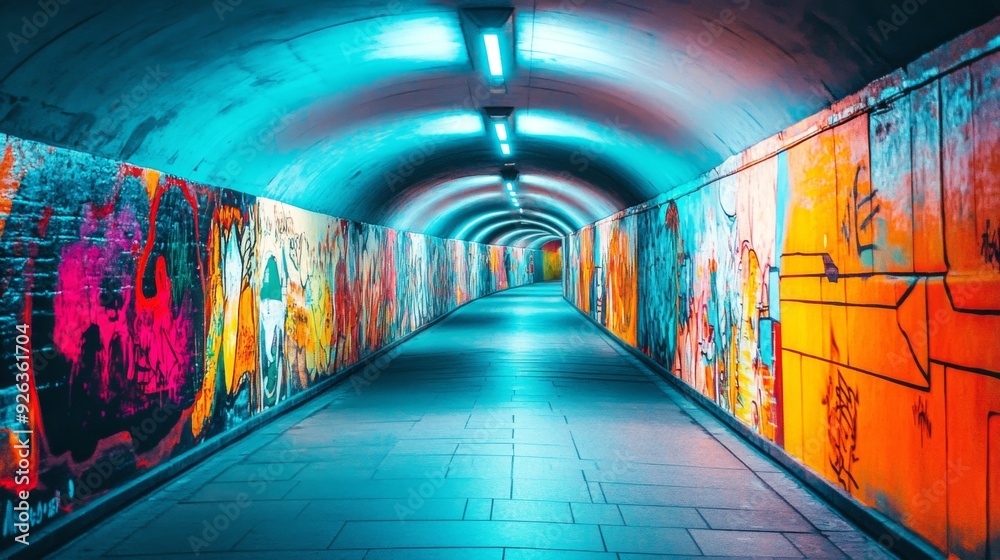 Poster a close-up of a pedestrian tunnel with colorful murals or artwork on the walls, capturing the vibran