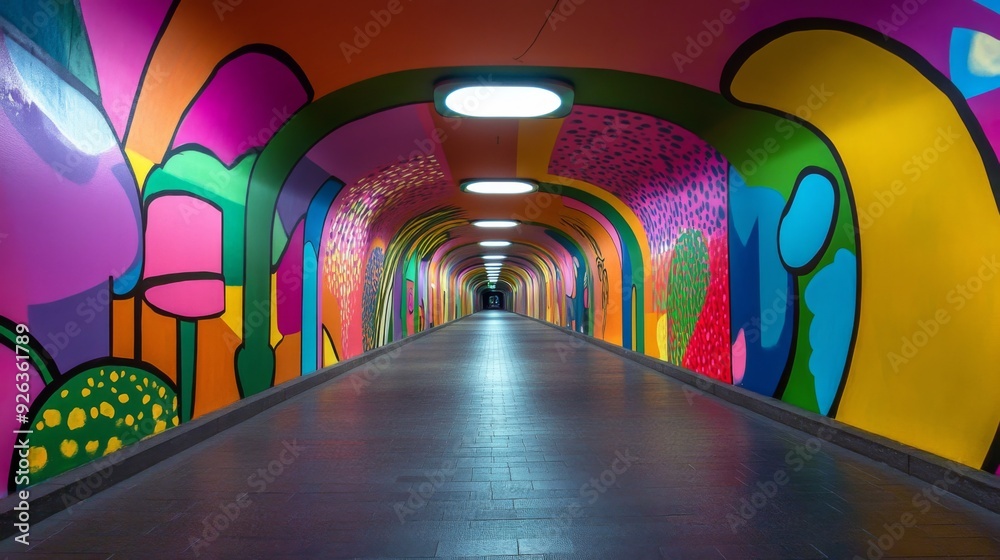 Poster a close-up of a pedestrian tunnel with colorful murals or artwork on the walls, capturing the vibran