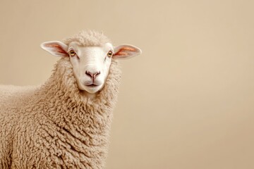 Fototapeta premium Close-up Portrait of a Fluffy White Sheep with Brown Eyes