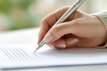 Close-up of a woman's hand with a pen signing a contract, in a soft-focus photography style. This image was the winner of a stock photo contest, with high resolution and detail on the document