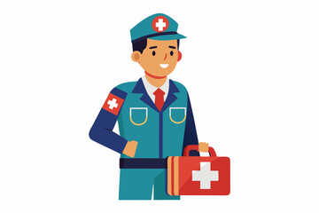 Paramedic man in uniform and with full length first aid bag on isolated white background. Emergency medical service worker
