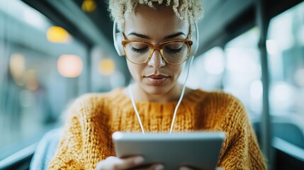 Woman with headphones and curly hair uses a digital tablet on public transport, enjoying her personal time, illustrating urban commute and digital connectivity on the go.