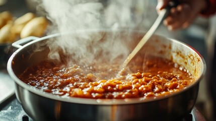 A close-up of a person stirring a pot of homemade sauce on the stove, with steam rising and a focus on the rich, textured sauce.
