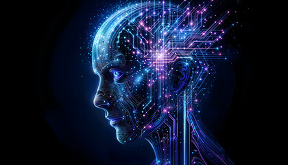 Fototapeta premium Futuristic Digital Human Head in Blue and Purple