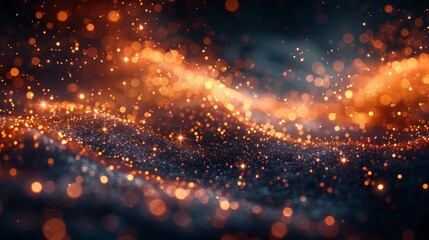 Obraz premium Glowing Particle Field: A field of tiny, glowing particles floating in a dark space, creating a sense of depth, motion, and ethereal beauty. The scattered lights resemble stars or fireflies.