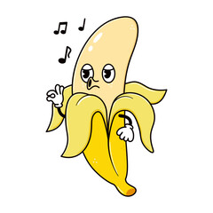 Cute funny Banana walking singing character. Vector hand drawn traditional cartoon vintage, retro, kawaii character illustration icon. Isolated white background. Banana walk sing