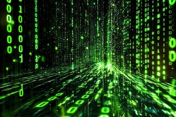 Green Dark Binary Code with Data Streaming Background created with Generative AI