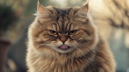 A close-up of a plump cat licking its lips after a meal, with its fluffy fur and round body prominently featured in the shot.