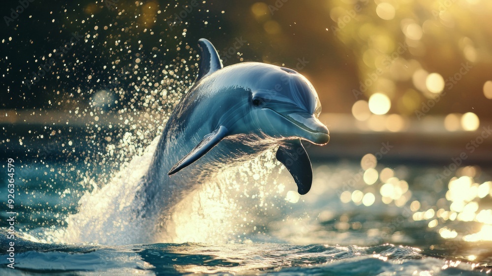 Poster a close-up of a playful dolphin leaping out of the water with droplets shimmering in the sunlight, s