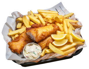 Fish and chips is a hot dish consisting of fried fish served with chips. The dish originated in England, dicut, PNG file, isolated background.