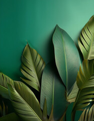 Obraz premium Tropical leaves on studio green background, monochromatic, copy space in the middle 