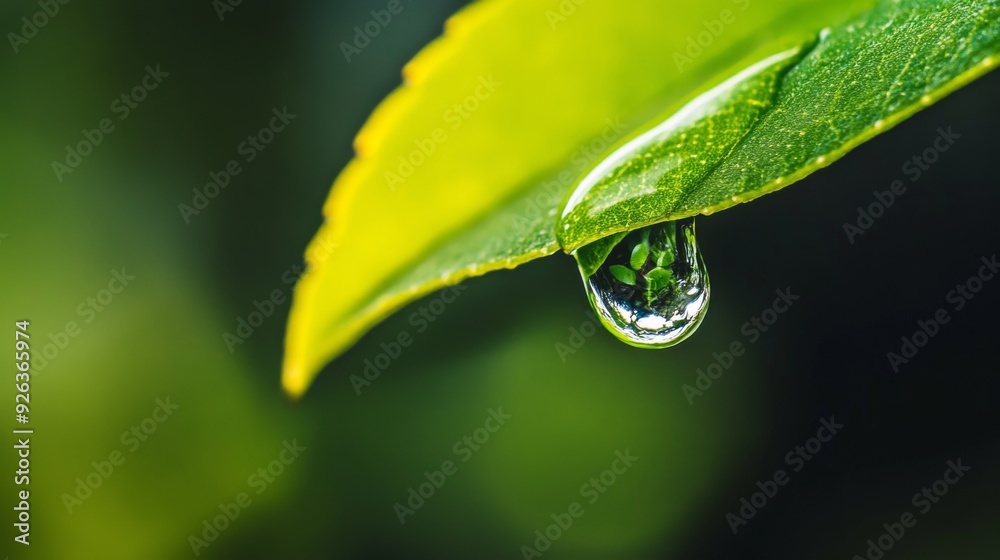 Aufkleber a close-up of a single water droplet hanging delicately from the edge of a green leaf, with reflecti
