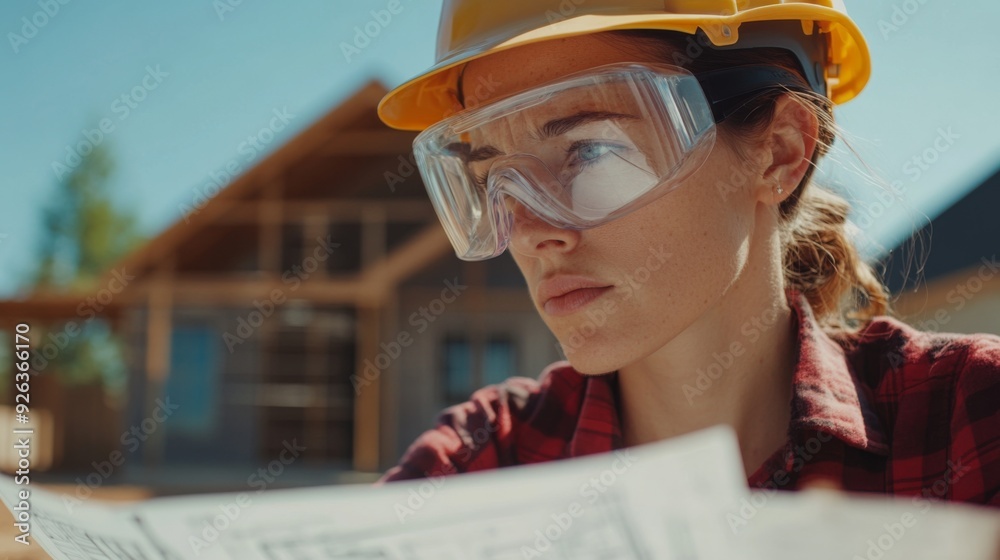 Poster a close-up of a site engineer wearing a hard hat and safety goggles, closely examining blueprints on