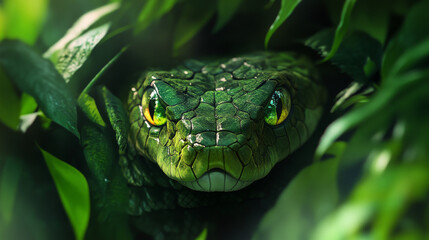 Obraz premium A snake's mesmerizing green eyes stare out from the depths of a lush jungle. Its sharp gaze and fur suggest its carnivorous nature. --ar 16:9 --v 6.1 Job ID: 5df22308-24ea-44a4-a087-0af55d7d8dfb