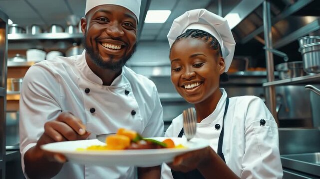 While serving meals in the restaurant, a contented Black cook and her colleague decorate plates.