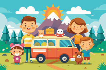 Happy family road trip. Mom, Dad, children and a dog traveling on a tourist minivan
